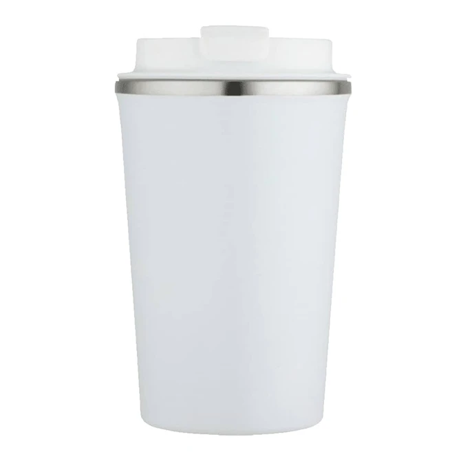 A drink bottle featuring a white exterior with a stainless steel lid and a logo. Double wall vacuum design.