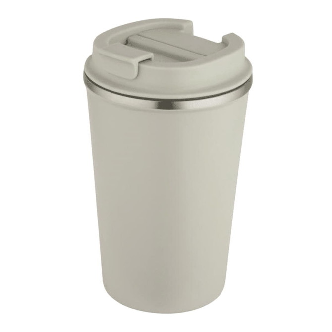 A drink bottle in a light grey colour with a stainless steel base and a secure lid. It features a logo.