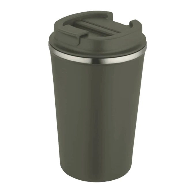 A drink bottle with a double wall vacuum design, featuring an olive green exterior and a stainless steel rim.
