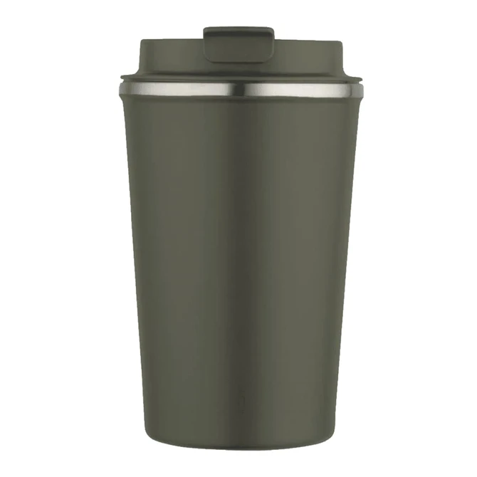 A drink bottle in a matte olive green colour with a stainless steel lid and a logo.