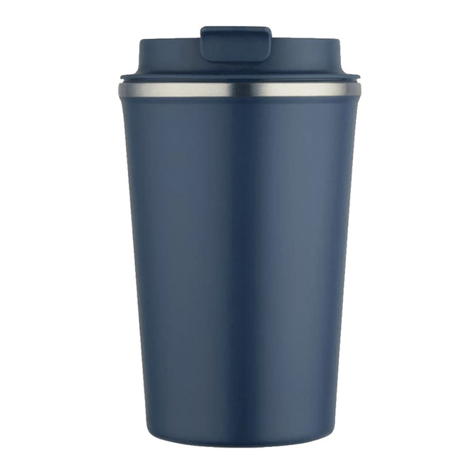 A drink bottle in dark blue with a stainless steel rim and a lid, featuring a logo.