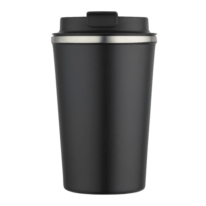 A drink bottle with a sleek black exterior and a silver rim, featuring a lid. Ideal for hot or cold beverages.