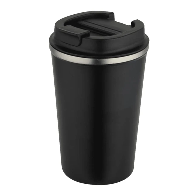 A drink bottle with a double-wall design, featuring a black exterior and a silver band around the top. It has a lid and a logo.