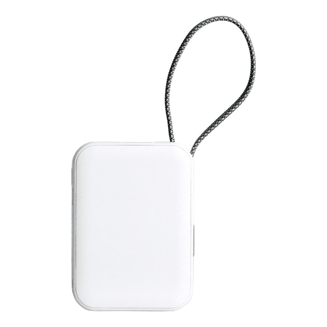 A white power bank with a textured cord, featuring a sleek design and a branding logo.