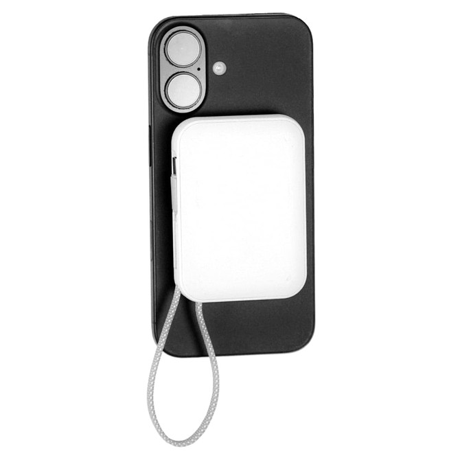 A black smartphone with a white Orbit Magnetic Power Bank attached, featuring a grey strap for easy handling.