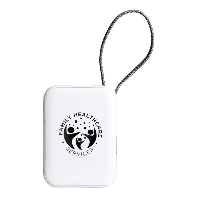 A white magnetic power bank with a logo and a wrist strap for easy carrying.