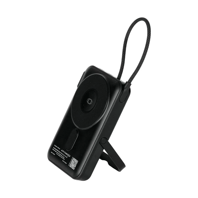 A black Eclipse Magnetic Power Bank with a stand and a strap, featuring a logo on the back.