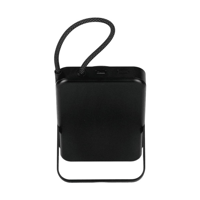 A black magnetic power bank with a looped strap, featuring two ports for charging devices.