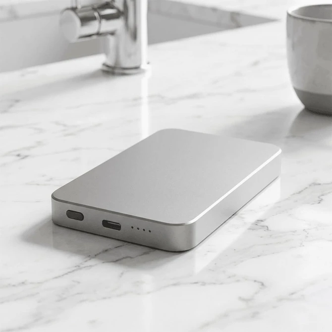 A silver power bank with a sleek design, featuring USB ports, resting on a marble surface.