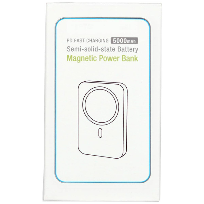 A white packaging box featuring a magnetic power bank with a semi-solid state battery, illustrated design, and branding logo.