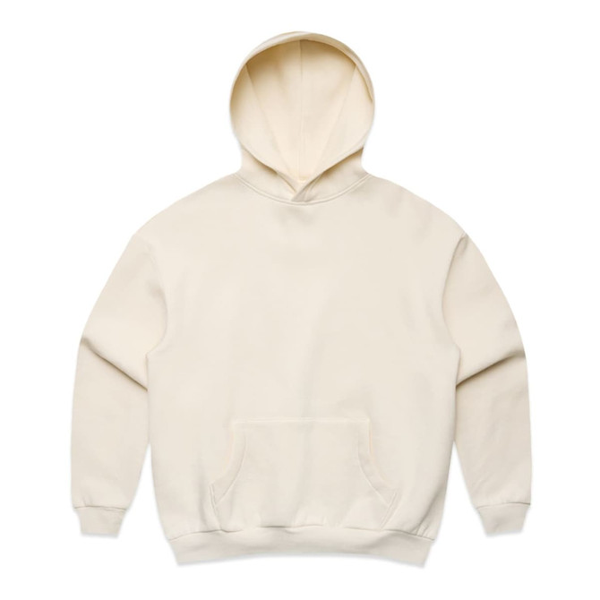 A cream-coloured hoodie featuring a front pocket and a hood, with branding on the garment.