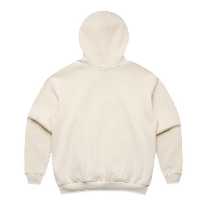 A cream-coloured hoodie with a large hood and ribbed cuffs and hem, featuring a logo.