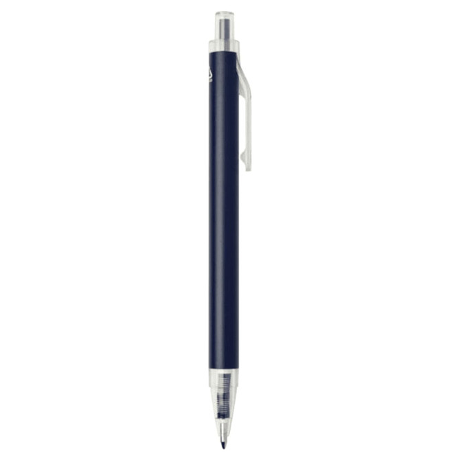 A recycled aluminium ballpoint pen in navy blue, featuring a silver clip and tip, with a logo on the barrel.