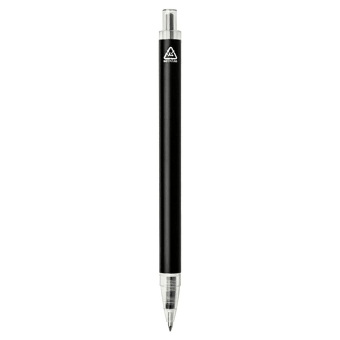 A black aluminium ballpoint pen with a clear tip and a logo on the body.