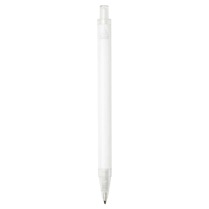 A ballpoint pen made of recycled aluminium, featuring a transparent barrel and a silver tip, with a logo.