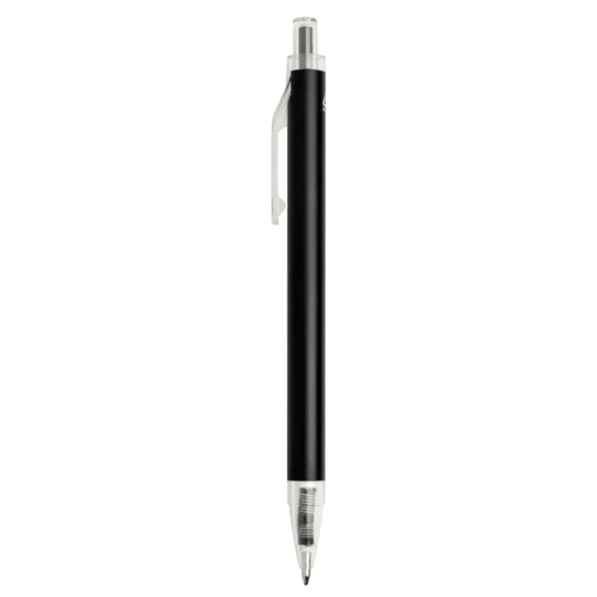 A black recycled aluminium ballpoint pen with a silver clip and tip. It features a logo on the barrel.