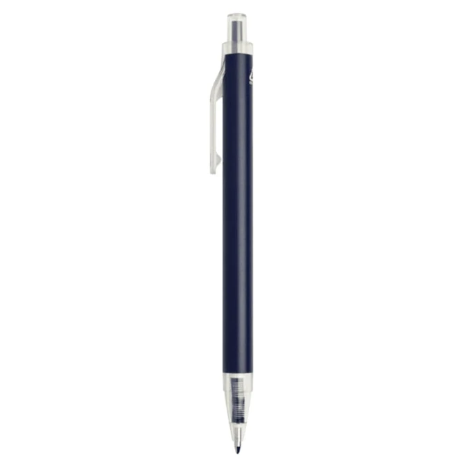 A navy blue recycled aluminium ballpoint pen with a clear grip and clip, featuring a logo on the barrel.