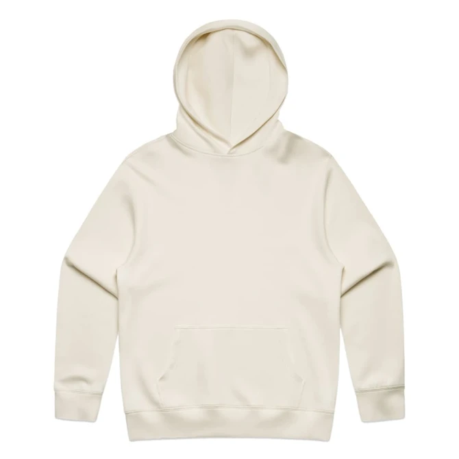 A cream-coloured hoodie with a front pocket and an adjustable hood. It features a branding logo.