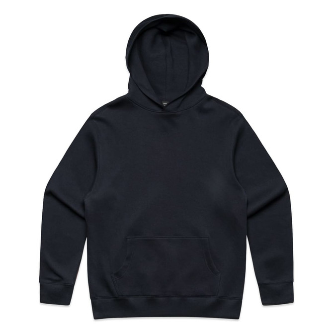 A navy hoodie featuring a front pocket and a hood, with a plain design and no visible logos.