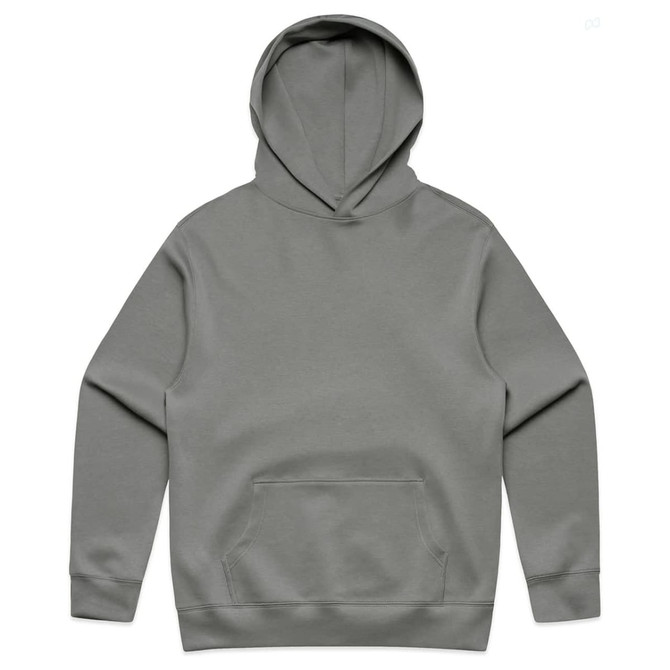 A grey hoodie with a hood and front pocket, featuring a simple design and a branding logo.