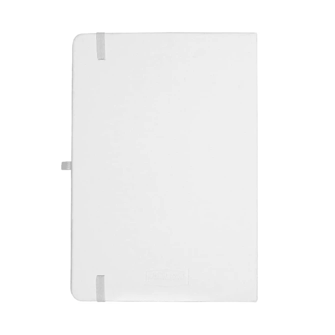 A recycled white A5 journal with a smooth cover and grey elastic closure, featuring a logo on the front.