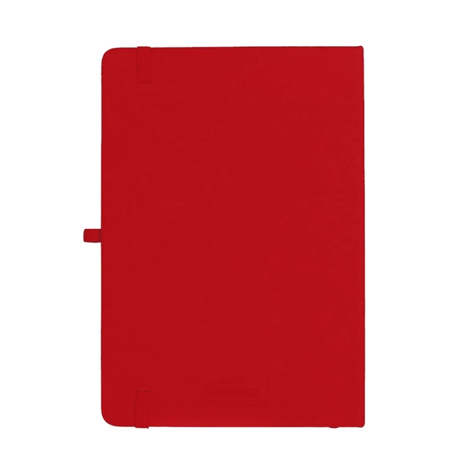 A red A5 journal with a smooth cover and a closure strap, featuring a logo on the front.