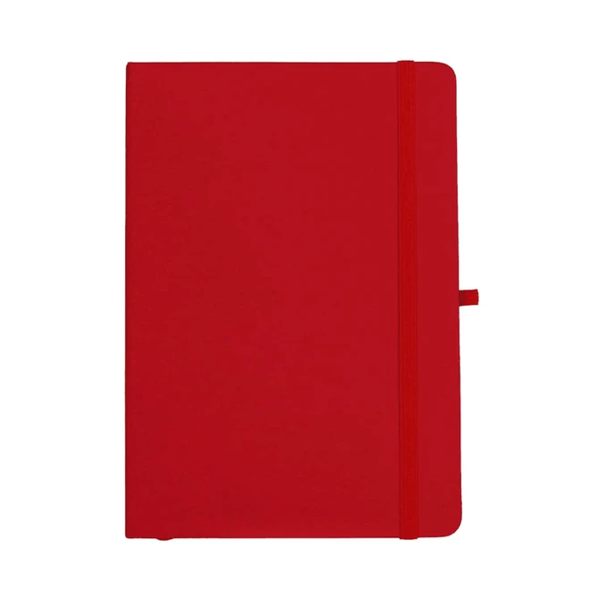 A red A5 journal with a matching elastic band closure and a bookmark, featuring a logo on the cover.