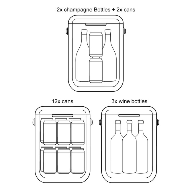 A diagram illustrating the interior layout of a Pavilion Cooler, showing space for champagne bottles, wine bottles, and cans.
