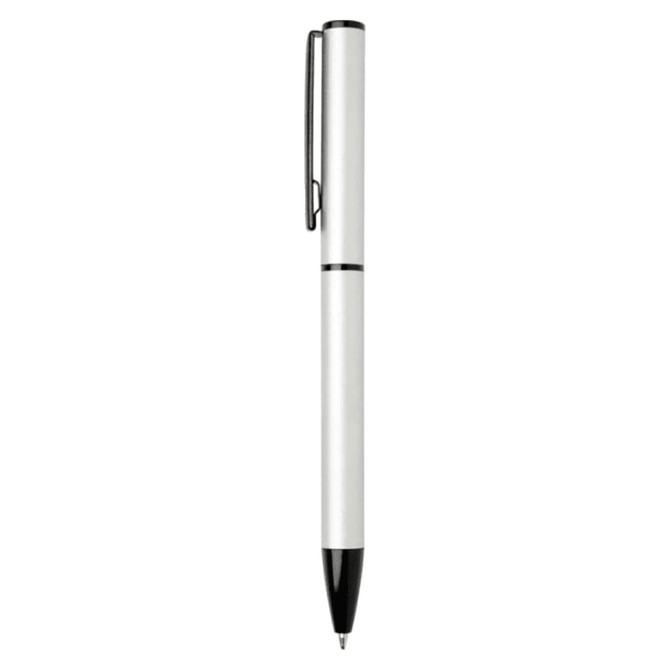 A white and black recycled aluminium twist ballpoint pen with a clip and branding.