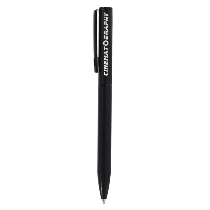 A black metal ballpoint pen with a clip and a branding logo on the barrel.
