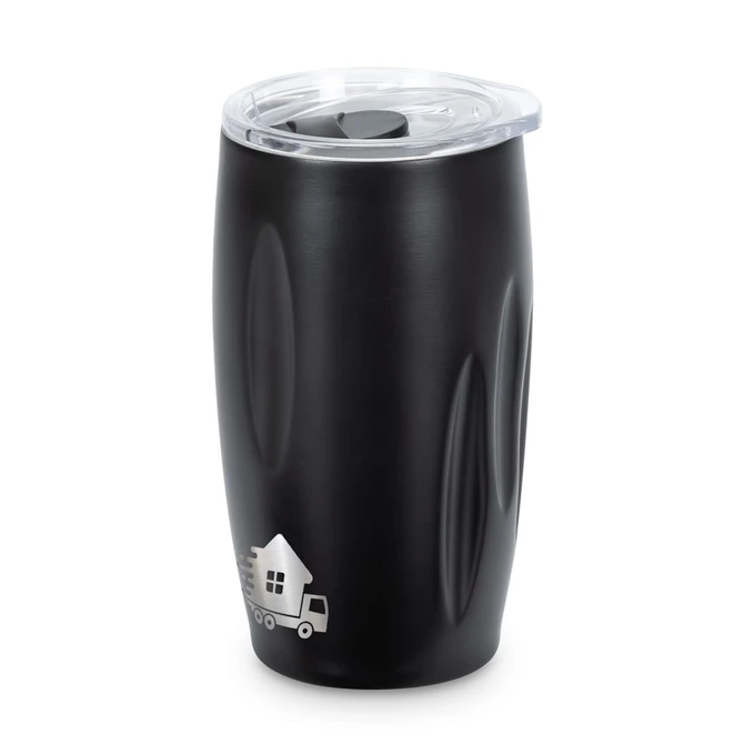 A drink bottle with a matte black finish and a clear lid, featuring a subtle logo design.
