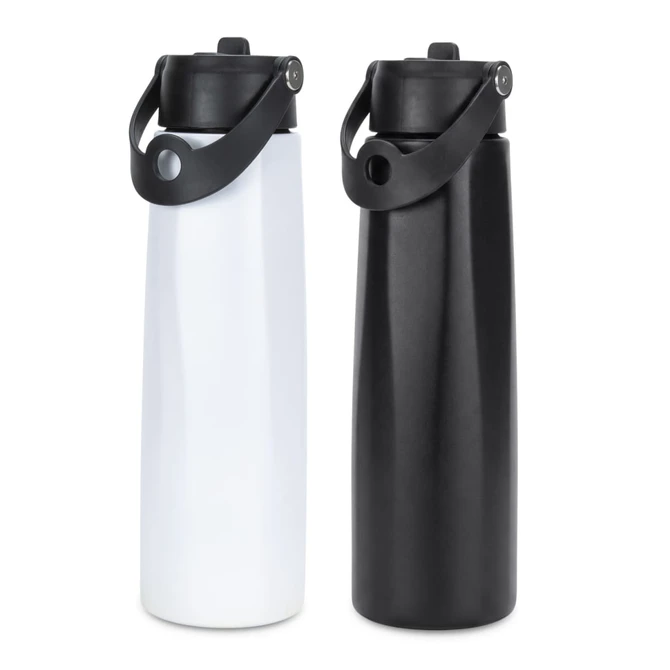 A drink bottle set featuring a white and a black 1L bottle, both with a secure lid and carry handle.
