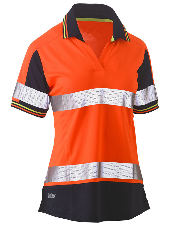 Bisley Workwear Orange/Navy Women's Taped Two Tone Hi Vis V-Neck Polo
