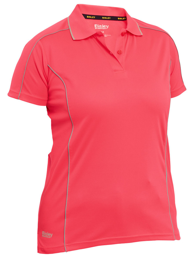 Bisley Workwear Hi Vis Pink Women's Cool Mesh Polo with Reflective Piping