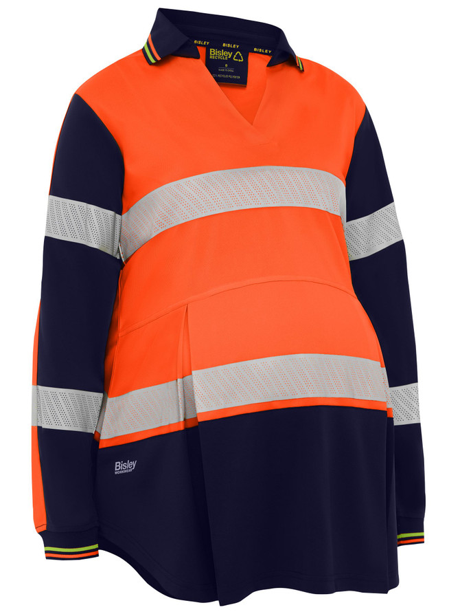 Bisley Workwear Orange/Navy Women's Taped Hi Vis Recycled V-Neck Maternity Polo
