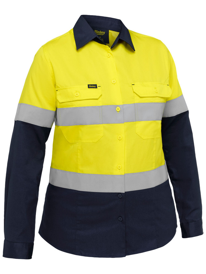 Bisley Workwear Yellow/Navy Industrial Women's Taped Hi Vis Cool Lightweight Vented Shirt