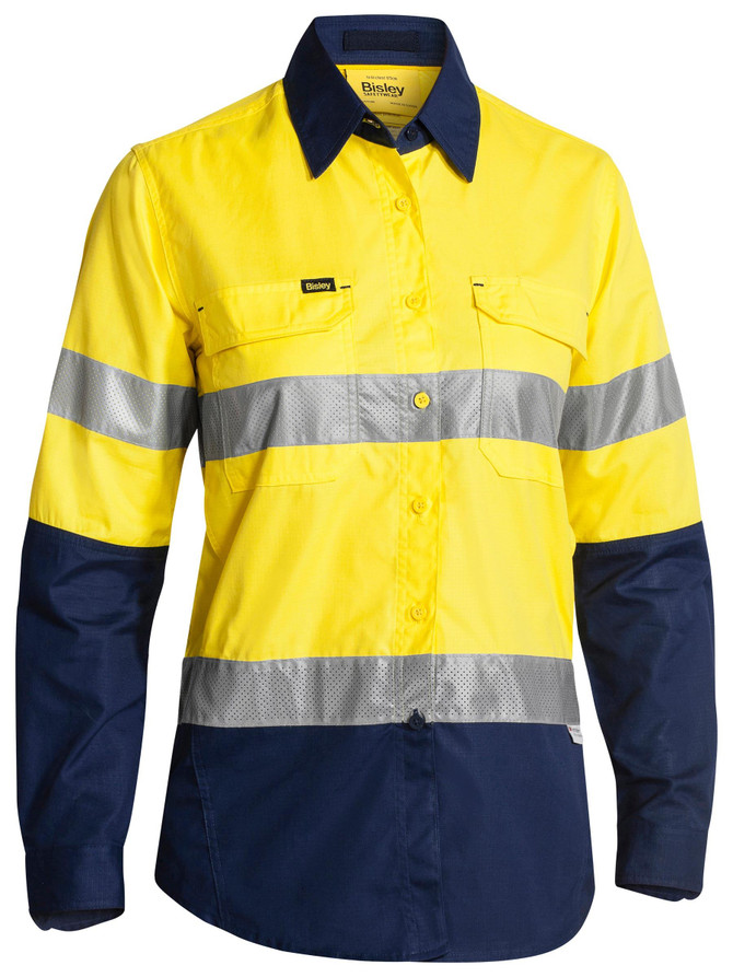 Bisley Workwear Yellow/Navy Women's X Airflow Taped Hi Vis Ripstop Shirt