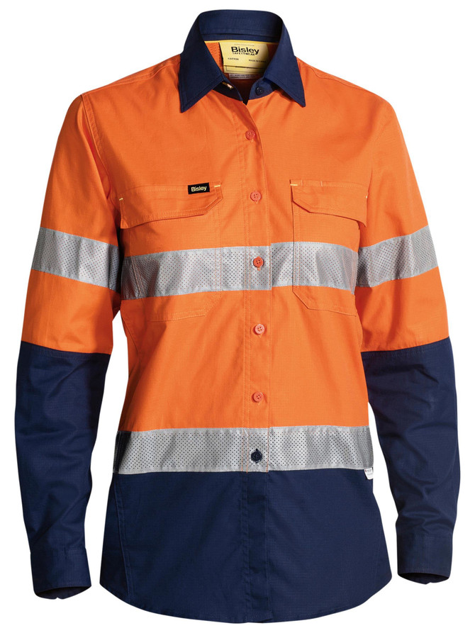 Bisley Workwear Orange/Navy Women's X Airflow Taped Hi Vis Ripstop Shirt