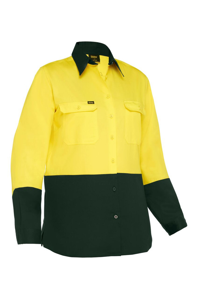 Bisley Workwear Yellow/Bottle Women's Cool Lightweight Hi Vis Drill Shirt