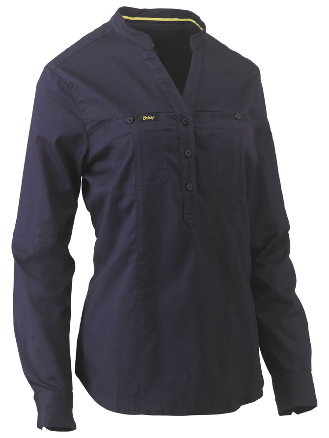 Bisley Workwear Navy Women's Stretch V-Neck Closed Front Shirt