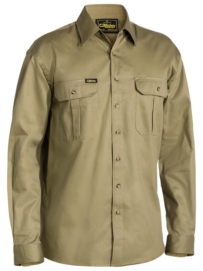 Bisley Workwear Khaki Original Cotton Drill Shirt - Long Sleeve