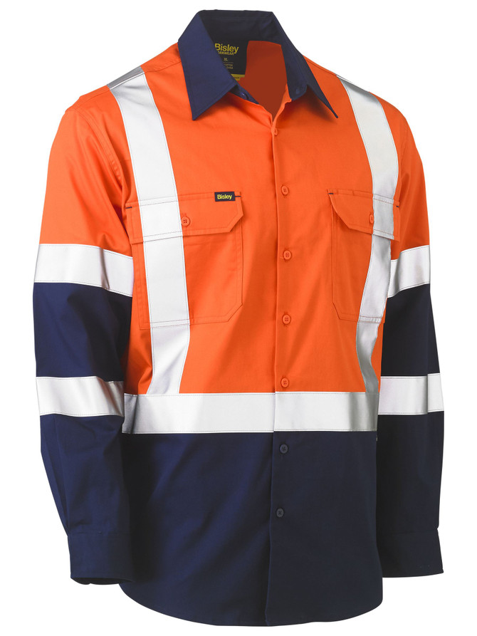 Bisley Workwear Orange/Navy X Taped Biomotion Two Tone Hi Vis Lightweight Drill Shirt