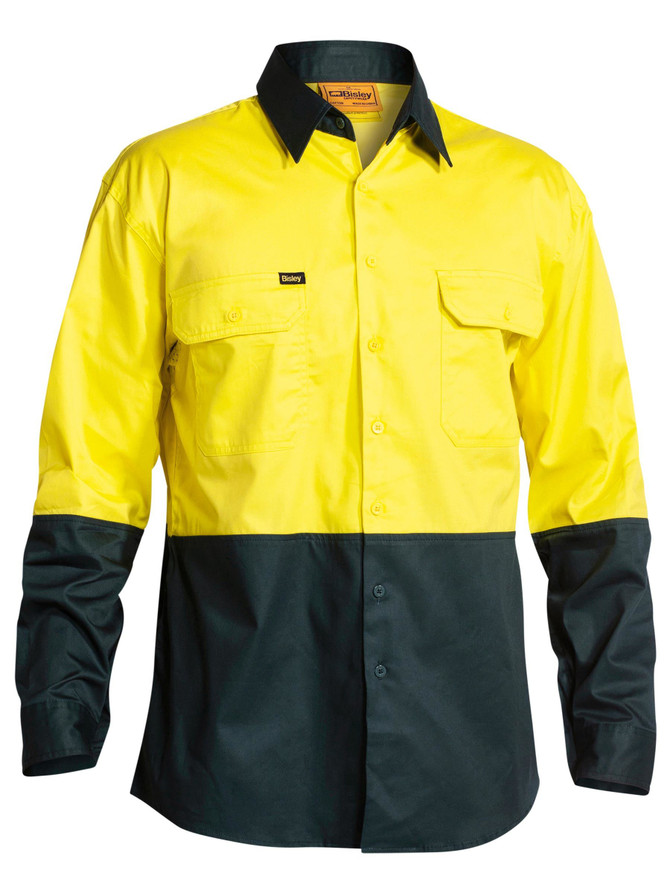 Bisley Workwear Yellow/Bottle Hi Vis Cool Lightweight Drill Shirt