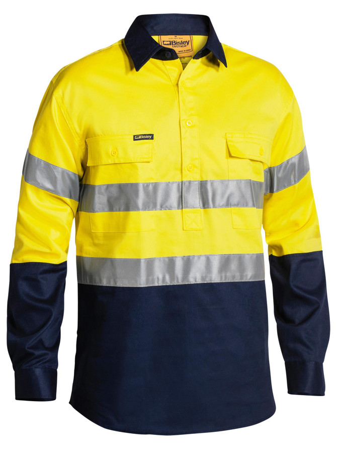 Bisley Workwear Yellow/Navy Taped Hi Vis Closed Front Drill Shirt
