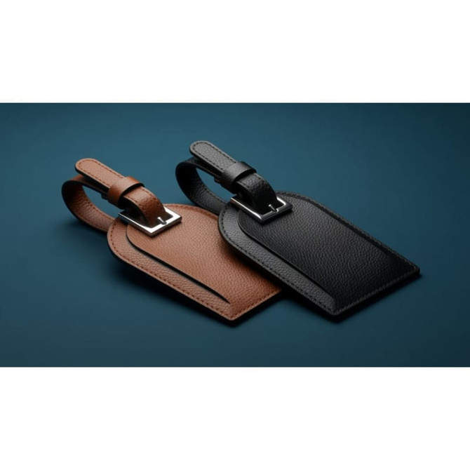 A brown and a black recycled leather luggage tag with a buckle strap, featuring a simple design and branding.