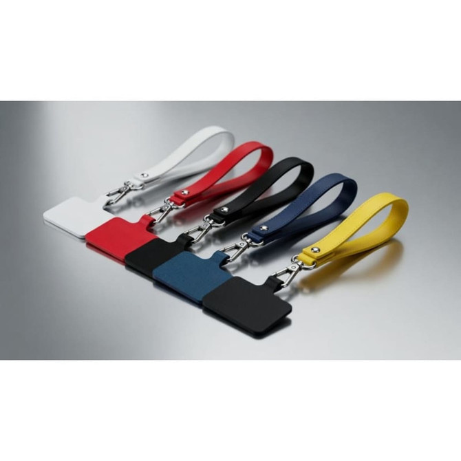 A collection of five lanyards in white, red, black, blue, and yellow, each with a badge holder and metal clip.
