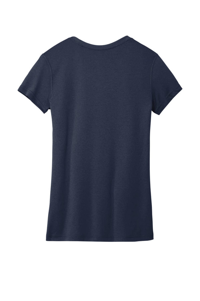 A navy blue women's t-shirt featuring a short sleeve design and a round neckline, showcasing the back view.