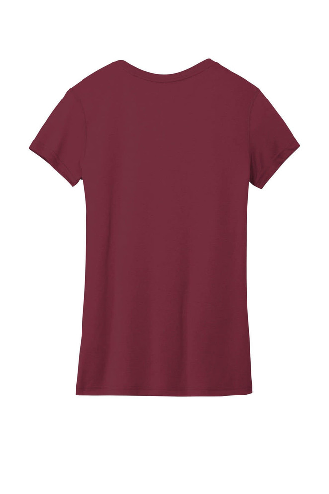 A maroon ladies' T-shirt with a crew neck and short sleeves, featuring a logo on the back.