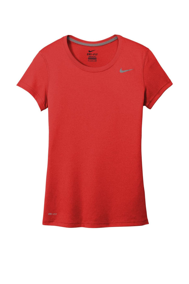 A red Nike ladies' team rLegend tee, featuring a round neck and short sleeves, with a logo on the upper left side.