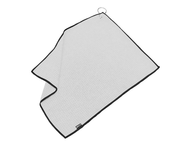 A golf towel in white with a black border, featuring a clip for attachment and a textured surface.
